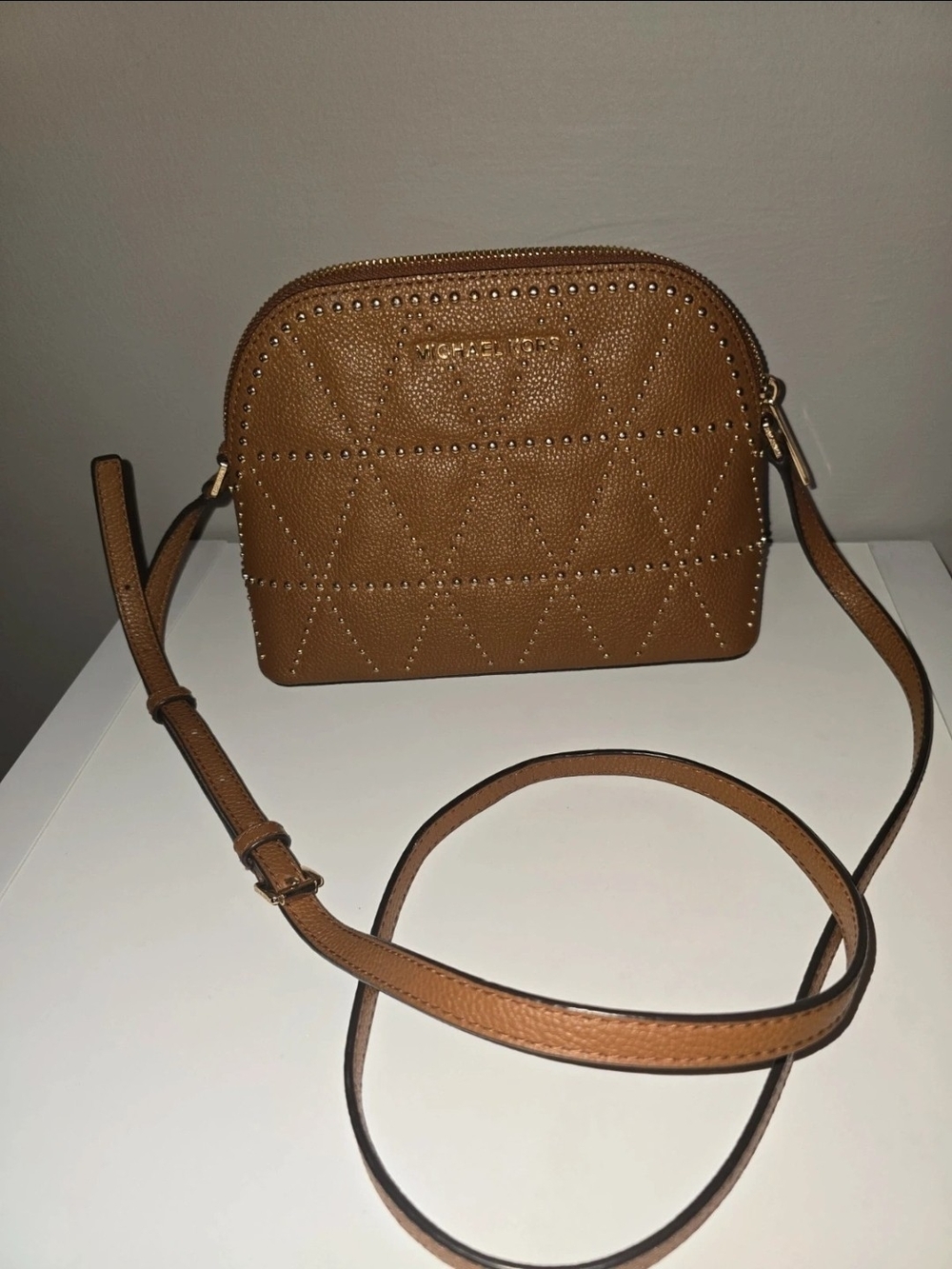 Michael Kors Cognac Quilted Studded Leather Crossbody